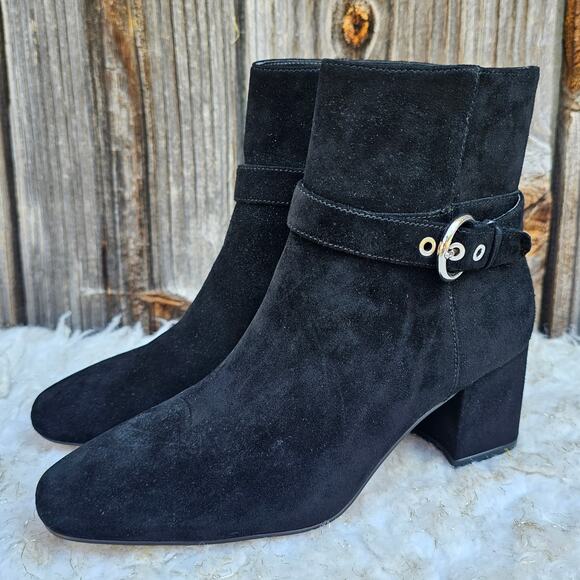 Black Suede Bootie Ann Taylor Breanna Size 6 Leather Harness Buckle Square Toe - Picture 4 of 13